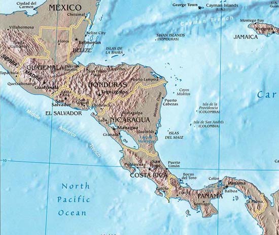 CARTE du RELIEF de l'AMERIQUE CENTRALE